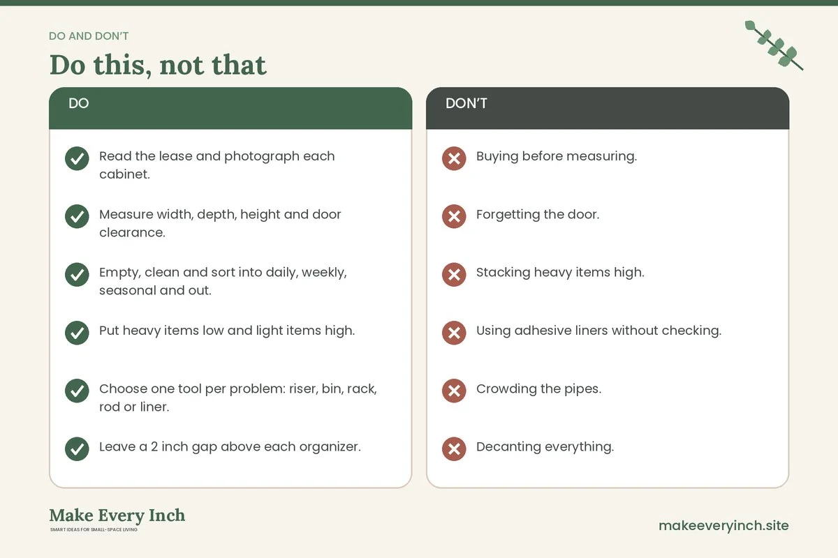 Do and don't checklist for: Renter Friendly Cabinet Organization Ideas for Kitchens and Baths