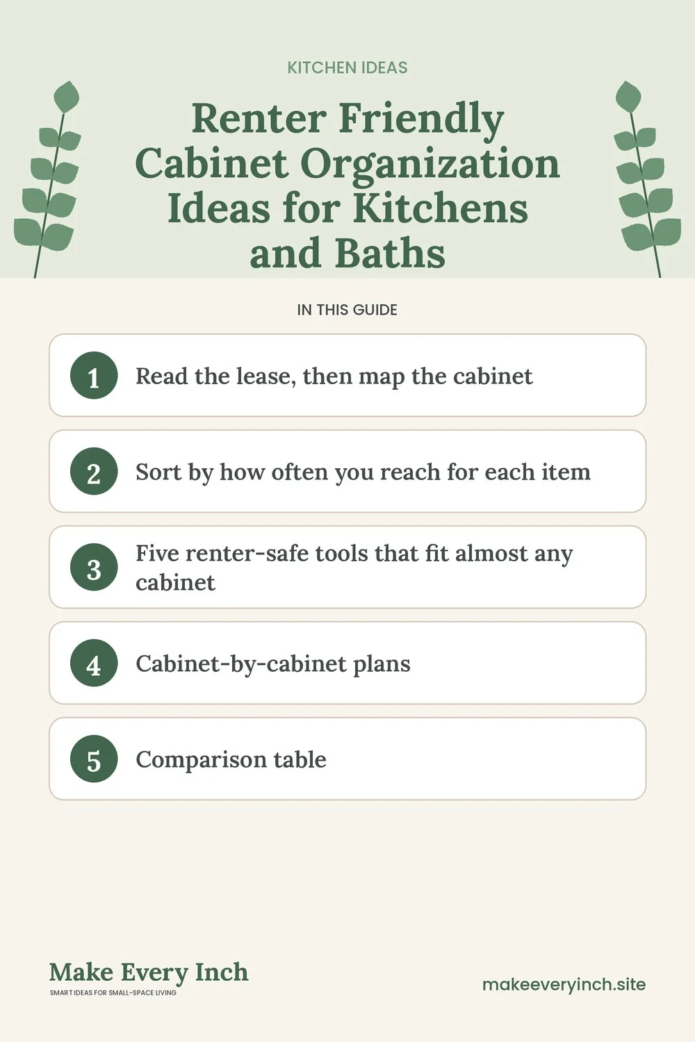 Pinterest pin listing the main topics in: Renter Friendly Cabinet Organization Ideas for Kitchens and Baths