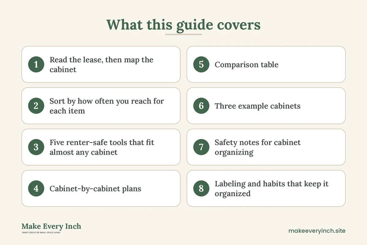 Graphic listing 8 topics covered in: Renter Friendly Cabinet Organization Ideas for Kitchens and Baths