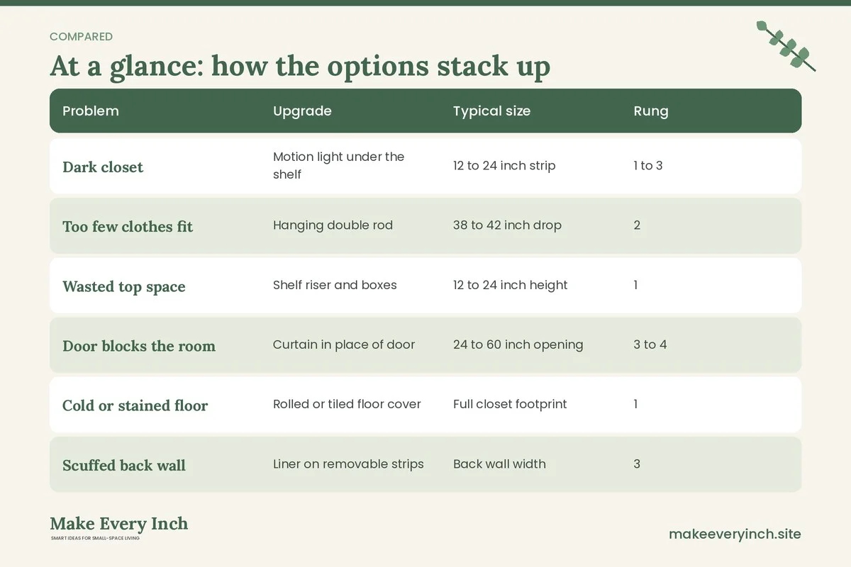 Comparison table of options for: 12 Renter Friendly Closet Upgrades That Change the Closet Itself (Problem, Upgrade, Typical size, Rung)