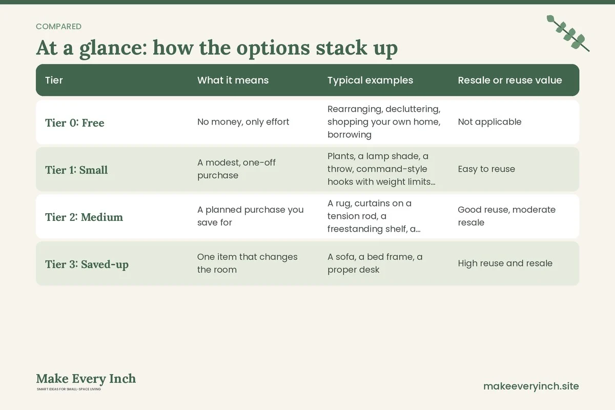 Comparison table of options for: Renter-Friendly Decor Ideas on a Budget (Tier, What it means, Typical examples, Resale or reuse value)