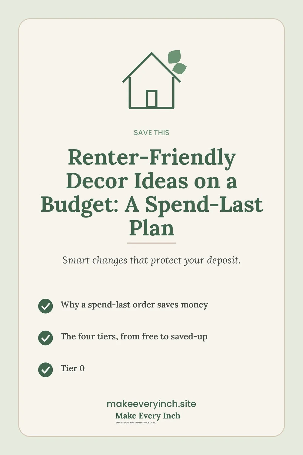Save-this Pinterest pin with a short checklist for: Renter-Friendly Decor Ideas on a Budget