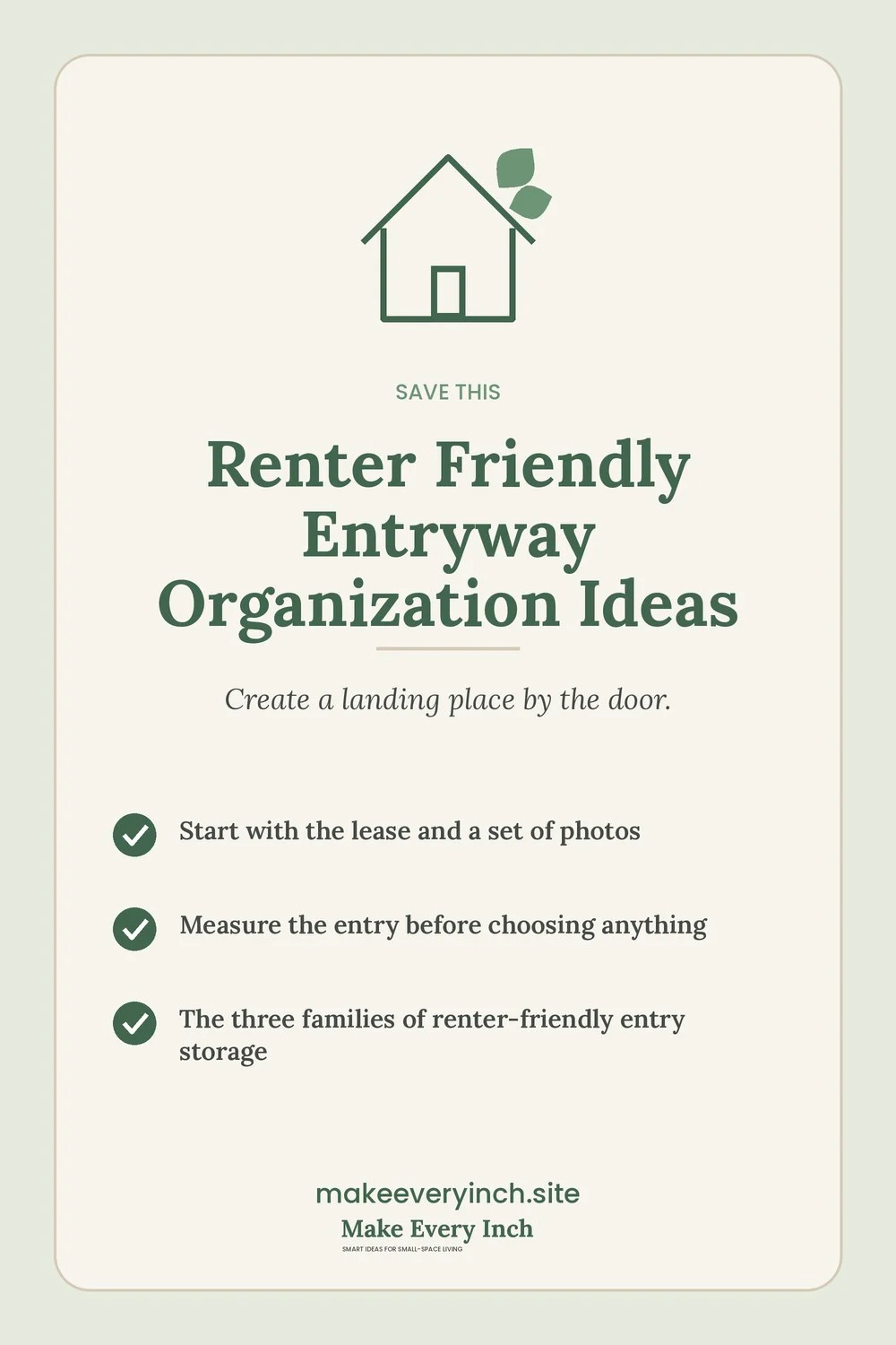 Save-this Pinterest pin with a short checklist for: Renter Friendly Entryway Organization Ideas
