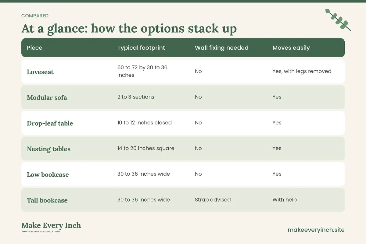 Comparison table of options for: 15 Renter-Friendly Furniture Ideas for Small Spaces (Piece, Typical footprint, Wall fixing needed, Moves easily)