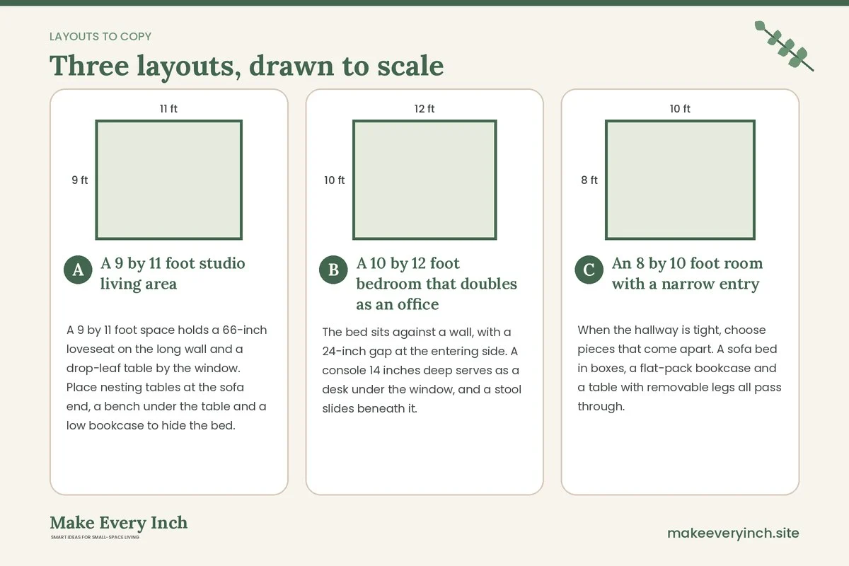 Three room layouts drawn to scale with dimensions and placement notes for: 15 Renter-Friendly Furniture Ideas for Small Spaces