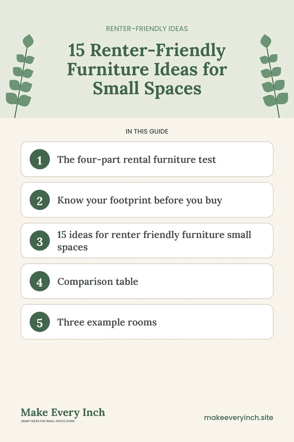 Pinterest pin listing the main topics in: 15 Renter-Friendly Furniture Ideas for Small Spaces
