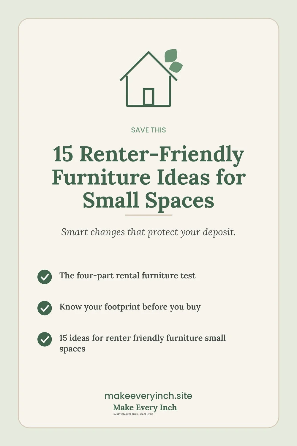 Save-this Pinterest pin with a short checklist for: 15 Renter-Friendly Furniture Ideas for Small Spaces
