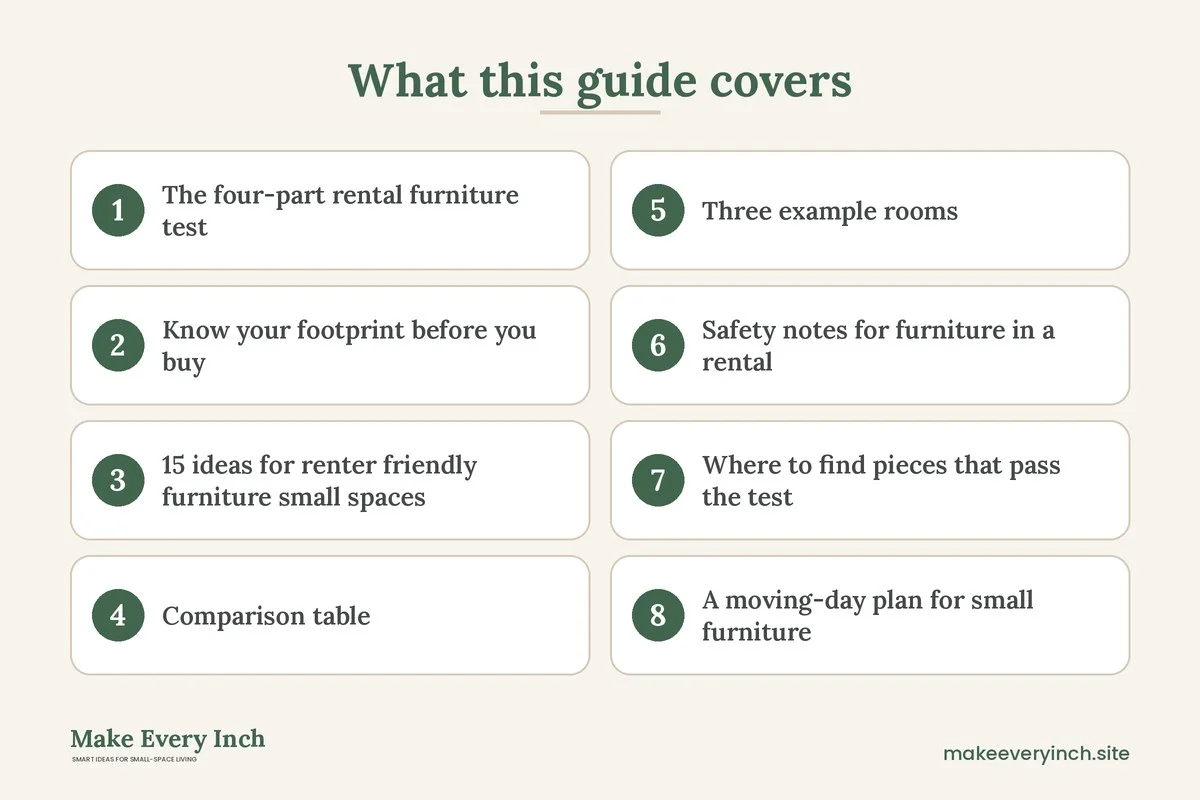 Graphic listing 8 topics covered in: 15 Renter-Friendly Furniture Ideas for Small Spaces