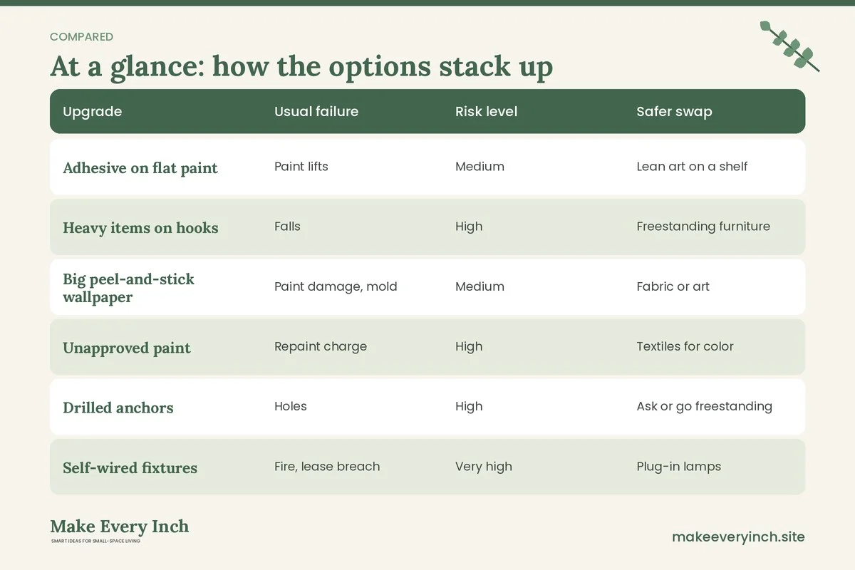 Comparison table of options for: 14 Renter-Friendly Improvements to Avoid Before Moving In (Upgrade, Usual failure, Risk level, Safer swap)