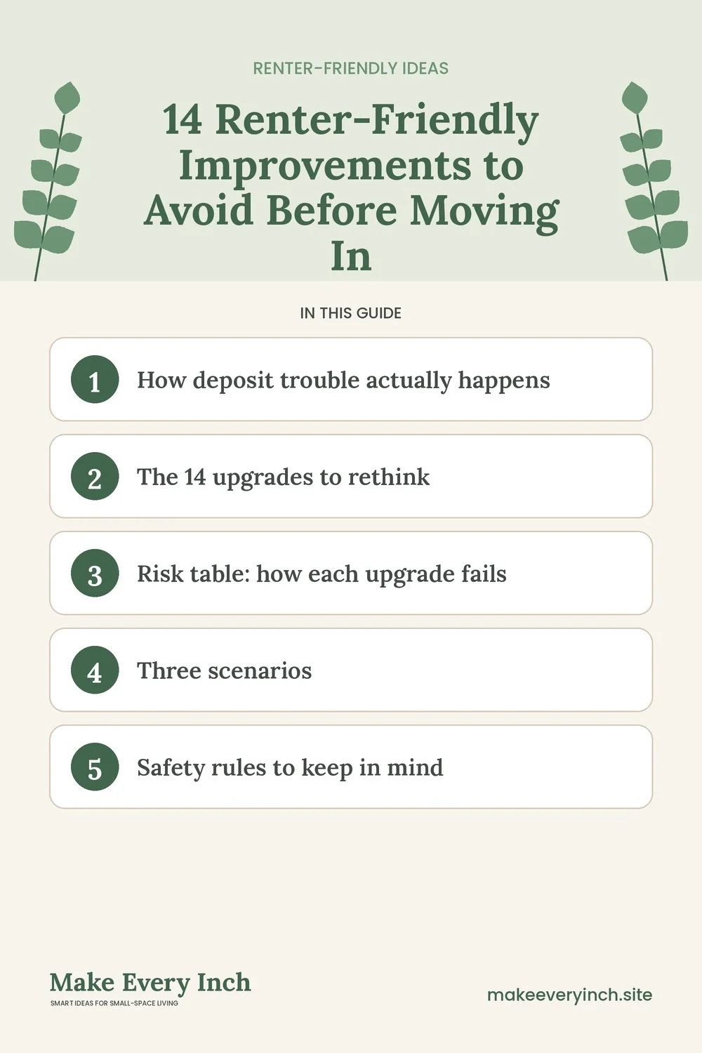 Pinterest pin listing the main topics in: 14 Renter-Friendly Improvements to Avoid Before Moving In