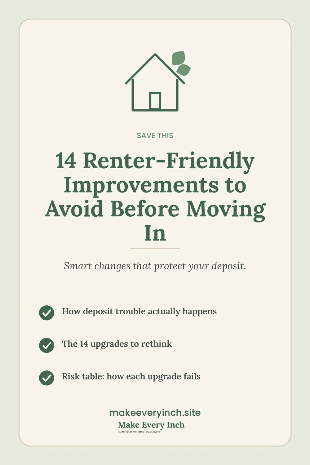 Save-this Pinterest pin with a short checklist for: 14 Renter-Friendly Improvements to Avoid Before Moving In