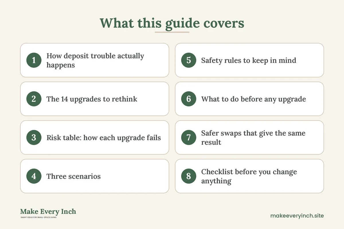 Graphic listing 8 topics covered in: 14 Renter-Friendly Improvements to Avoid Before Moving In