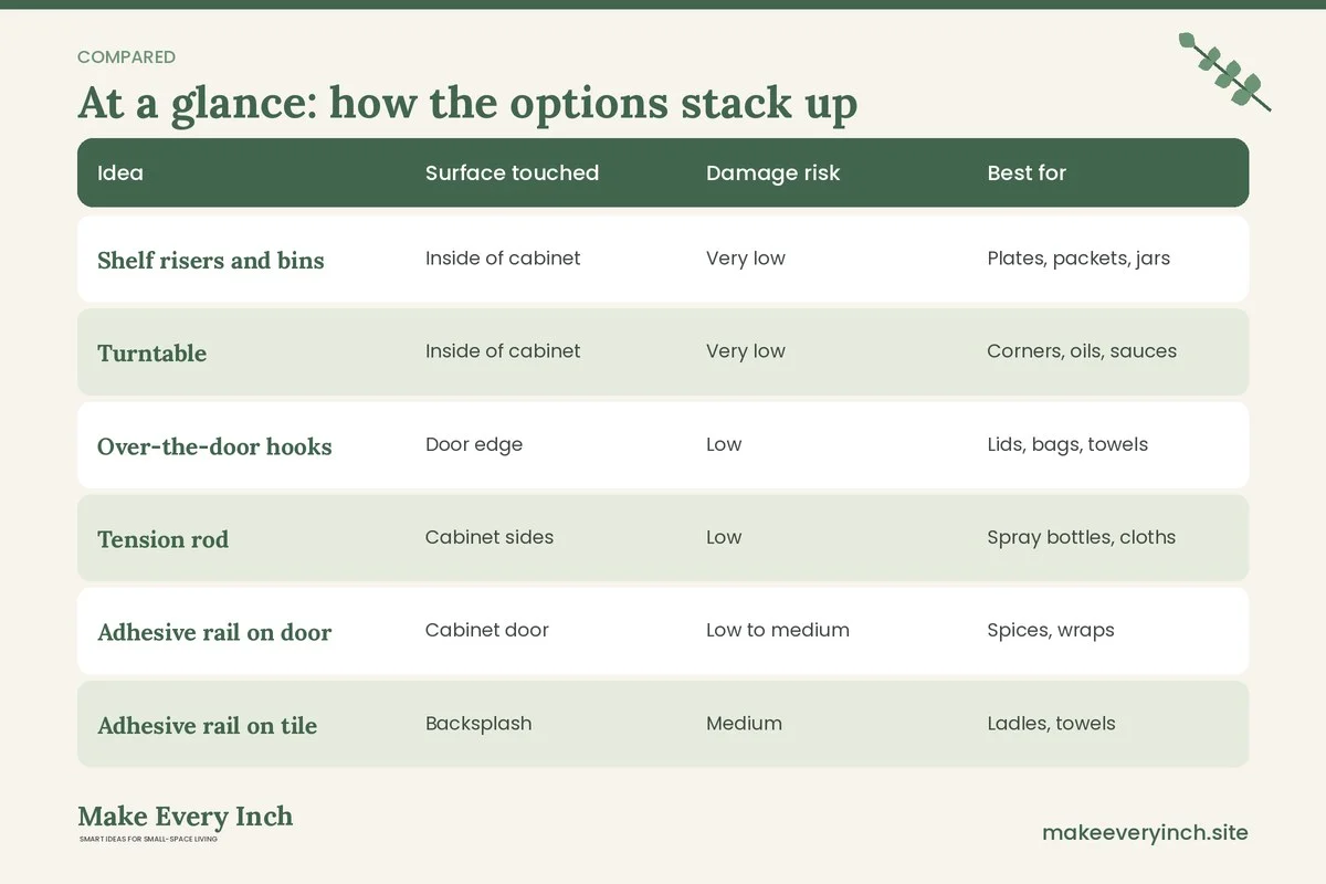 Comparison table of options for: Renter Friendly Kitchen Storage Ideas (Idea, Surface touched, Damage risk, Best for)