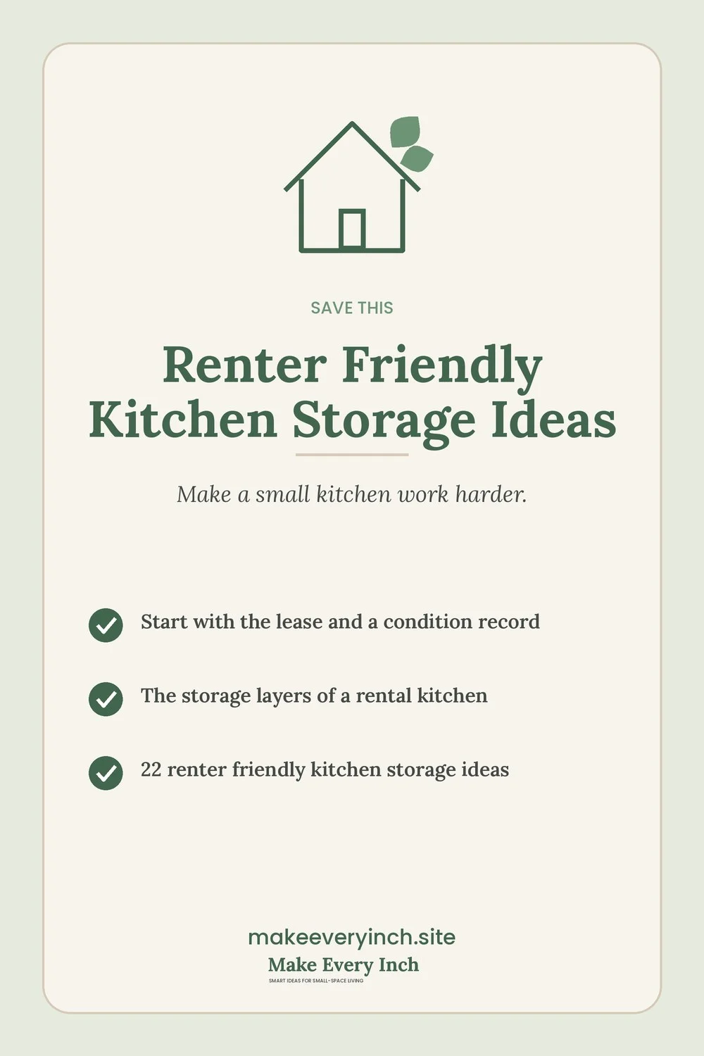 Save-this Pinterest pin with a short checklist for: Renter Friendly Kitchen Storage Ideas