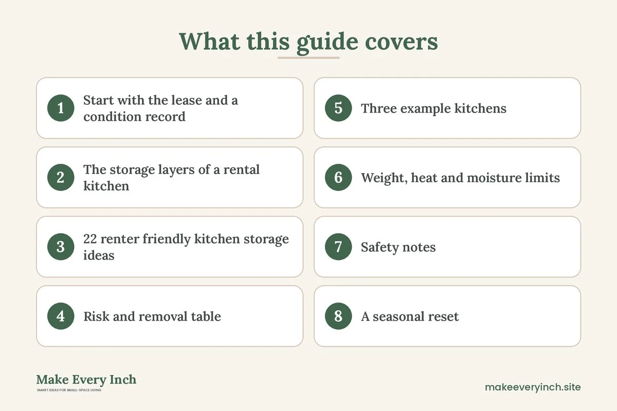 Graphic listing 8 topics covered in: Renter Friendly Kitchen Storage Ideas