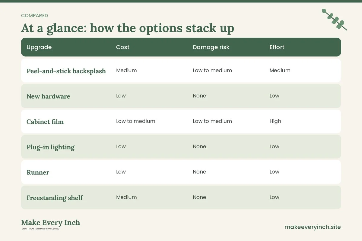 Comparison table of options for: 21 Renter-Friendly Kitchen Upgrades That Protect Your Deposit (Upgrade, Cost, Damage risk, Effort)