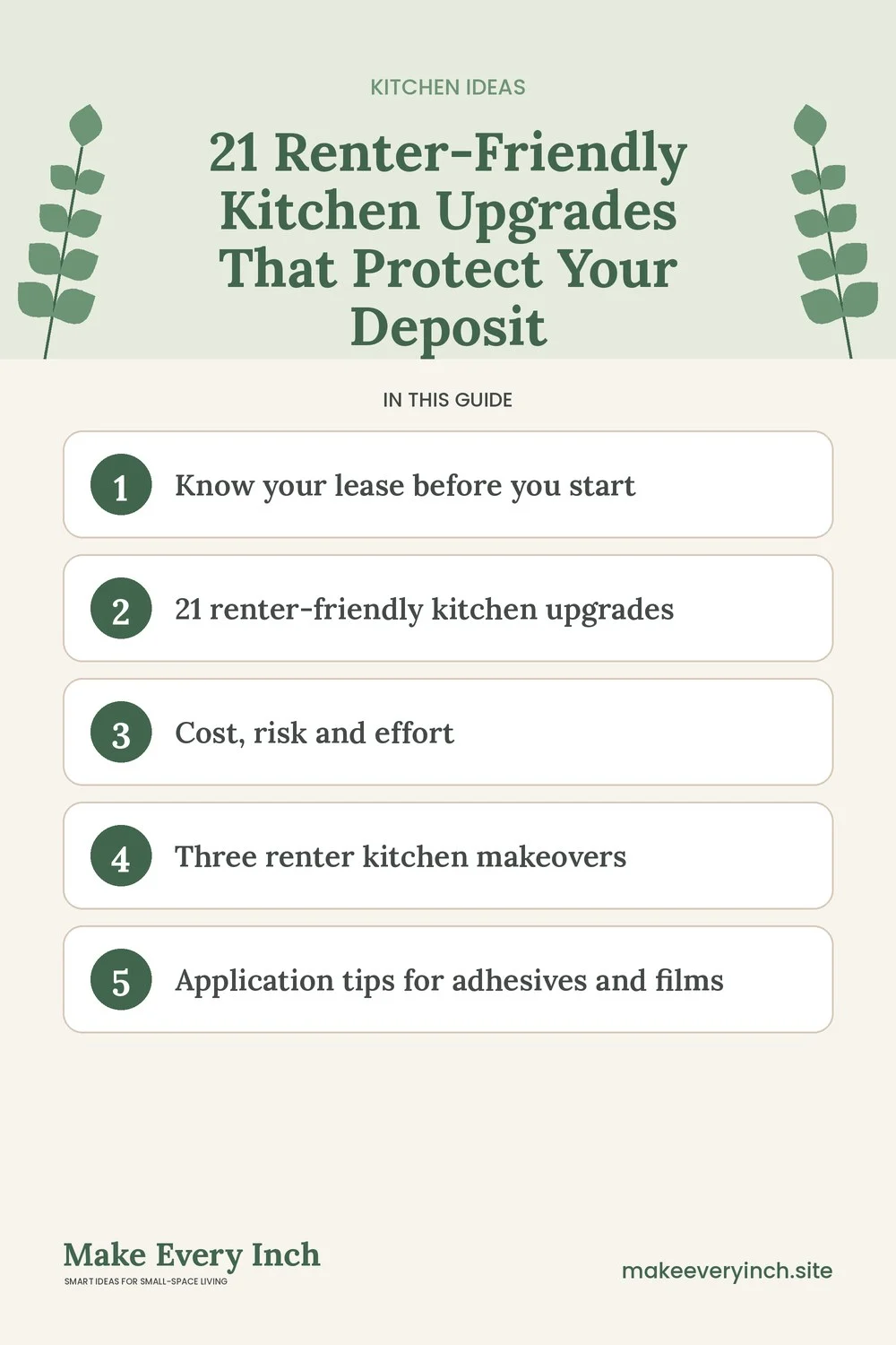 Pinterest pin listing the main topics in: 21 Renter-Friendly Kitchen Upgrades That Protect Your Deposit
