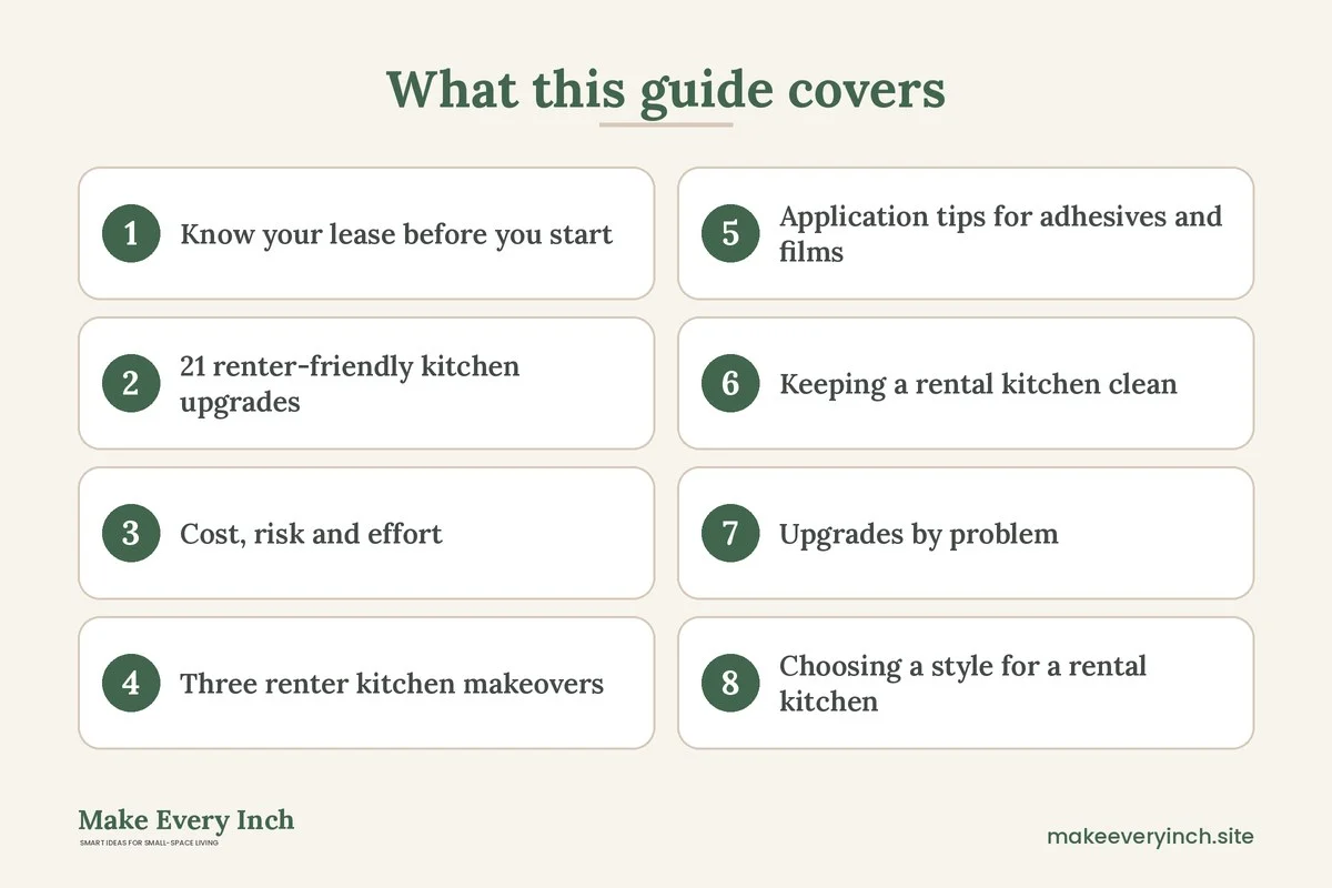 Graphic listing 8 topics covered in: 21 Renter-Friendly Kitchen Upgrades That Protect Your Deposit