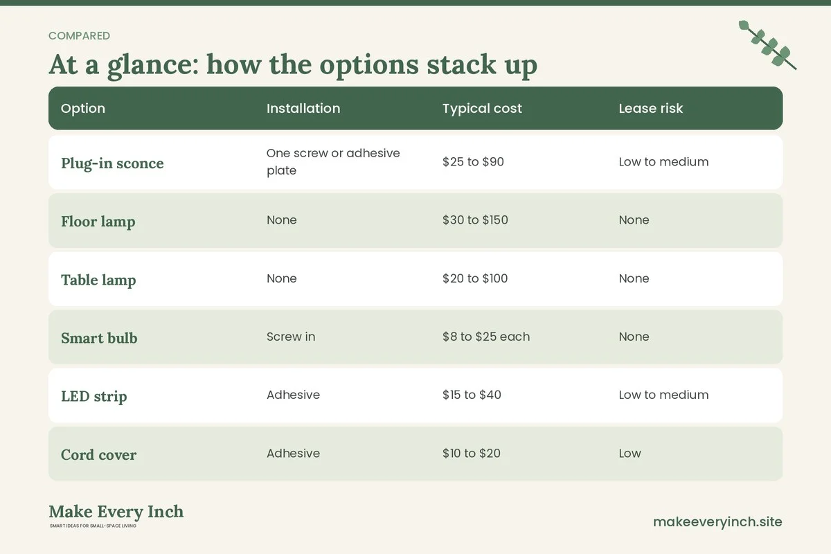 Comparison table of options for: 21 Renter Friendly Lighting Ideas for Dark Apartments (Option, Installation, Typical cost, Lease risk)