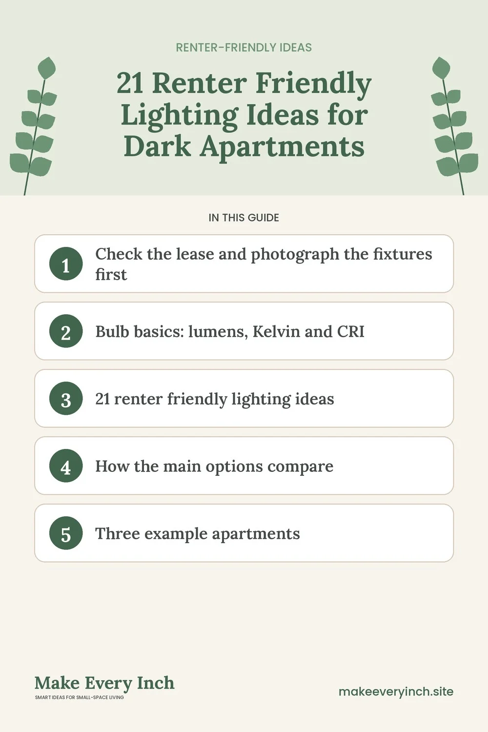 Pinterest pin listing the main topics in: 21 Renter Friendly Lighting Ideas for Dark Apartments