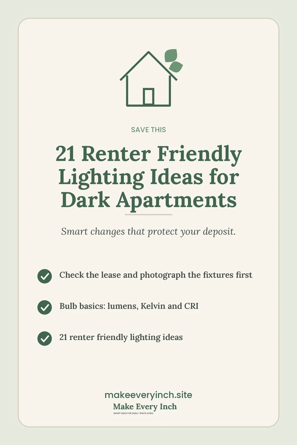 Save-this Pinterest pin with a short checklist for: 21 Renter Friendly Lighting Ideas for Dark Apartments