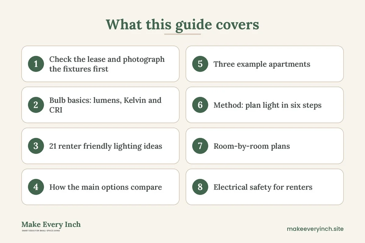Graphic listing 8 topics covered in: 21 Renter Friendly Lighting Ideas for Dark Apartments