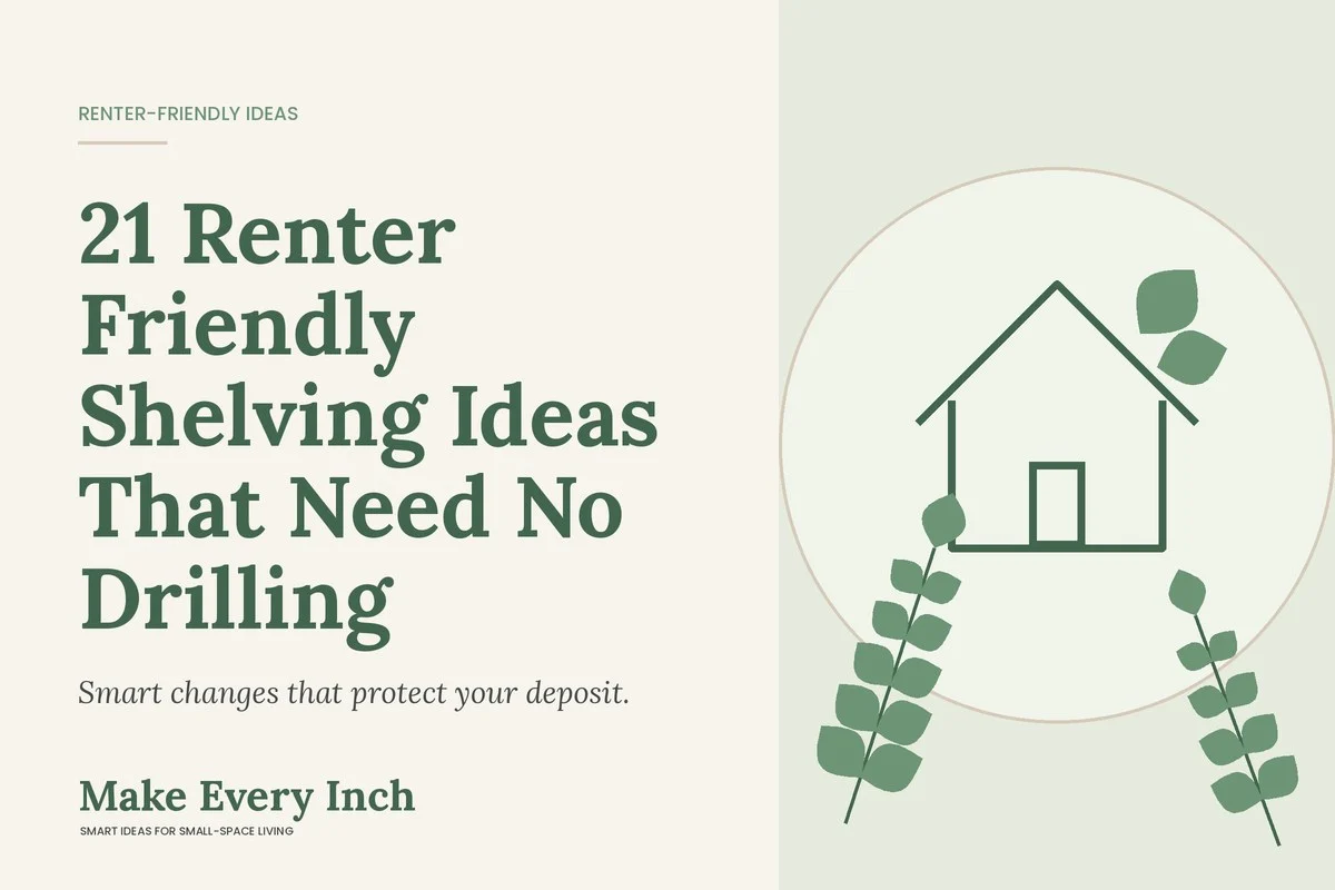 21 Renter Friendly Shelving Ideas That Need No Drilling, Make Every Inch cover with a house and leaf illustration