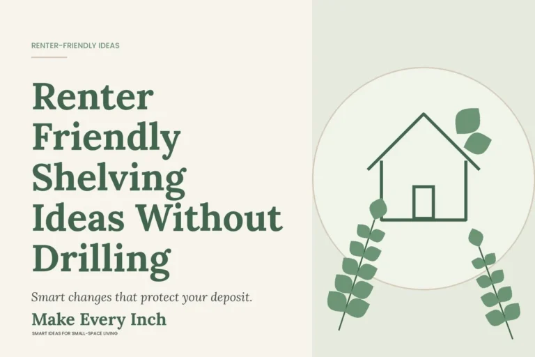 Renter Friendly Shelving Ideas Without Drilling, Make Every Inch cover with a house and leaf illustration