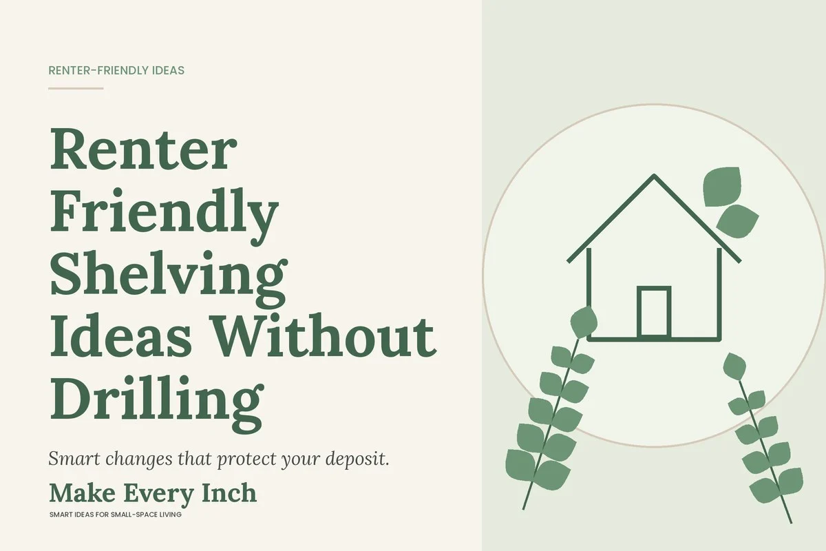 Renter Friendly Shelving Ideas Without Drilling, Make Every Inch cover with a house and leaf illustration