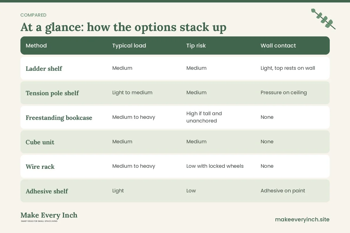 Comparison table of options for: Renter Friendly Shelving Ideas Without Drilling (Method, Typical load, Tip risk, Wall contact)