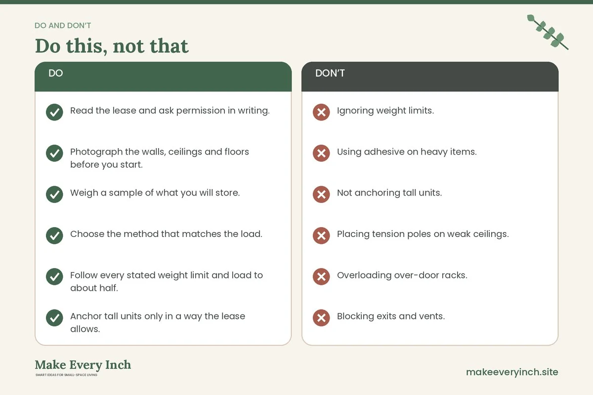 Do and don't checklist for: Renter Friendly Shelving Ideas Without Drilling