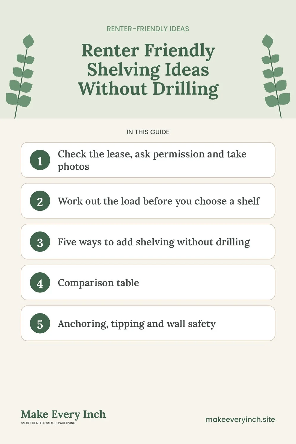 Pinterest pin listing the main topics in: Renter Friendly Shelving Ideas Without Drilling