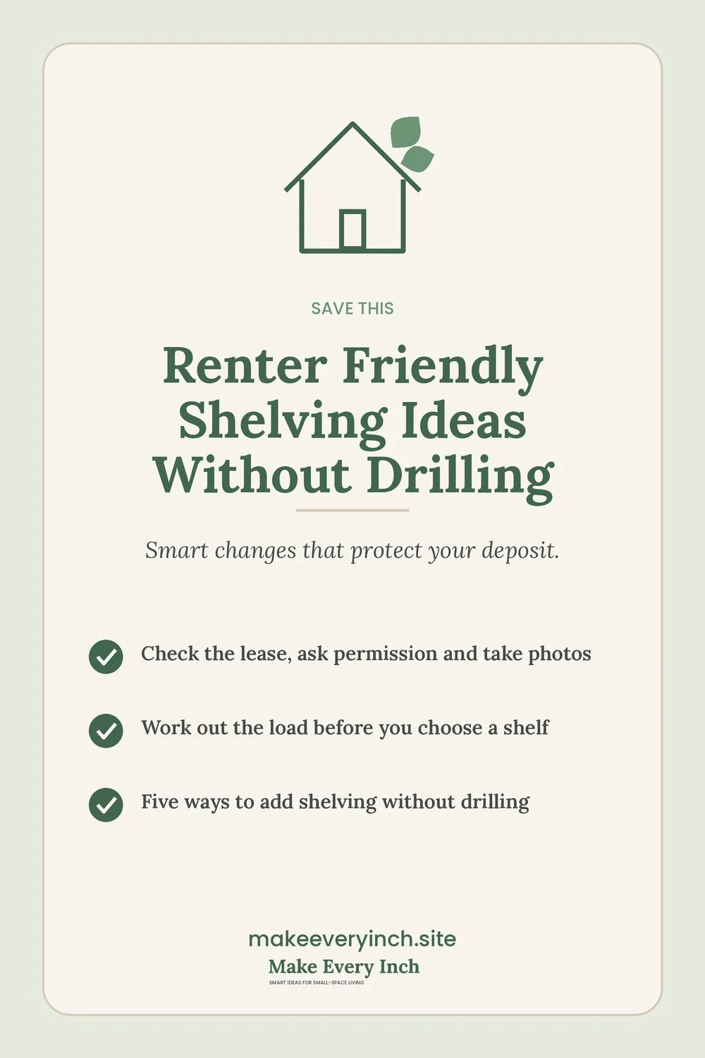 Save-this Pinterest pin with a short checklist for: Renter Friendly Shelving Ideas Without Drilling