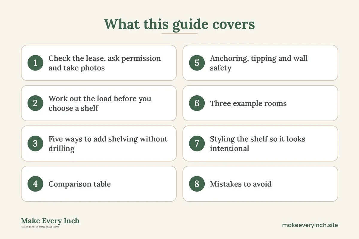 Graphic listing 8 topics covered in: Renter Friendly Shelving Ideas Without Drilling