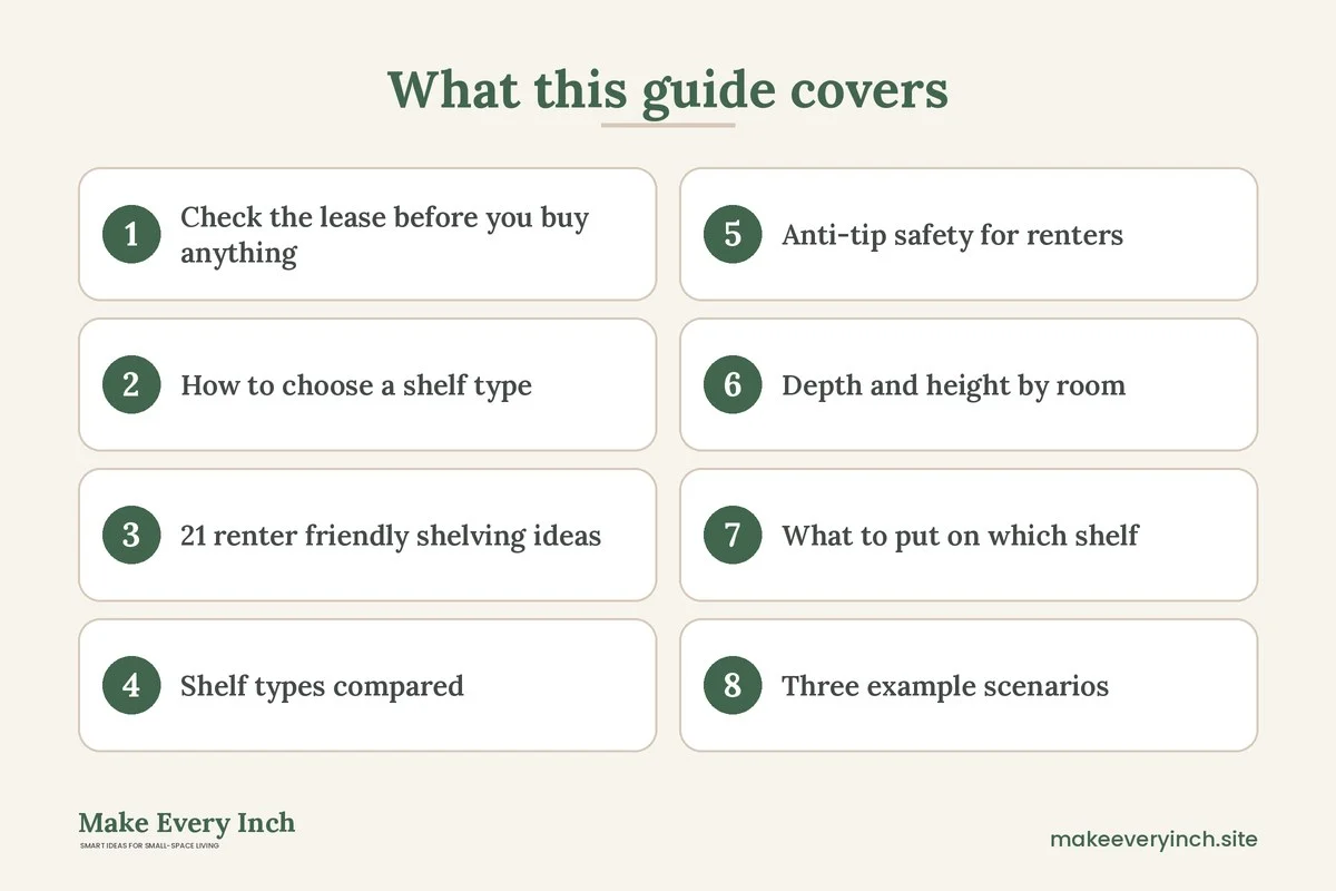Graphic listing 8 topics covered in: 21 Renter Friendly Shelving Ideas That Need No Drilling