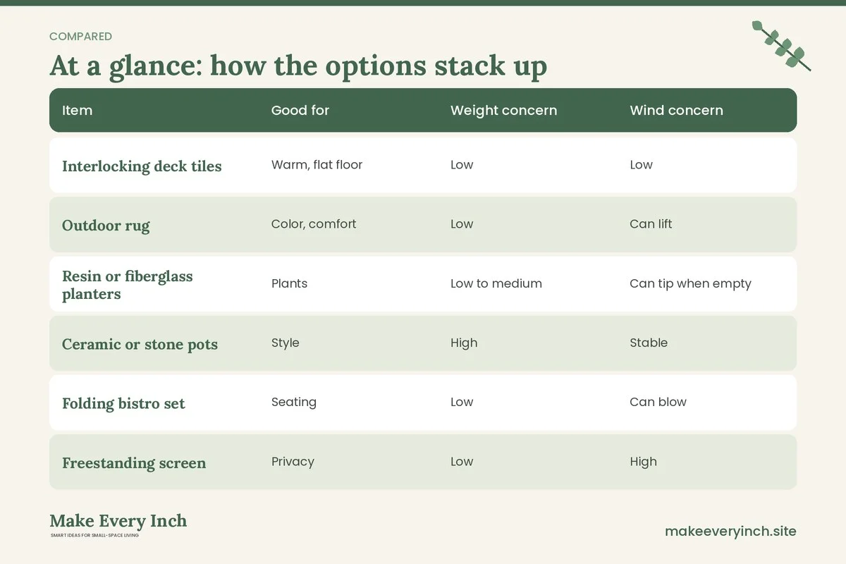 Comparison table of options for: Renter Friendly Small Balcony Ideas (Item, Good for, Weight concern, Wind concern)