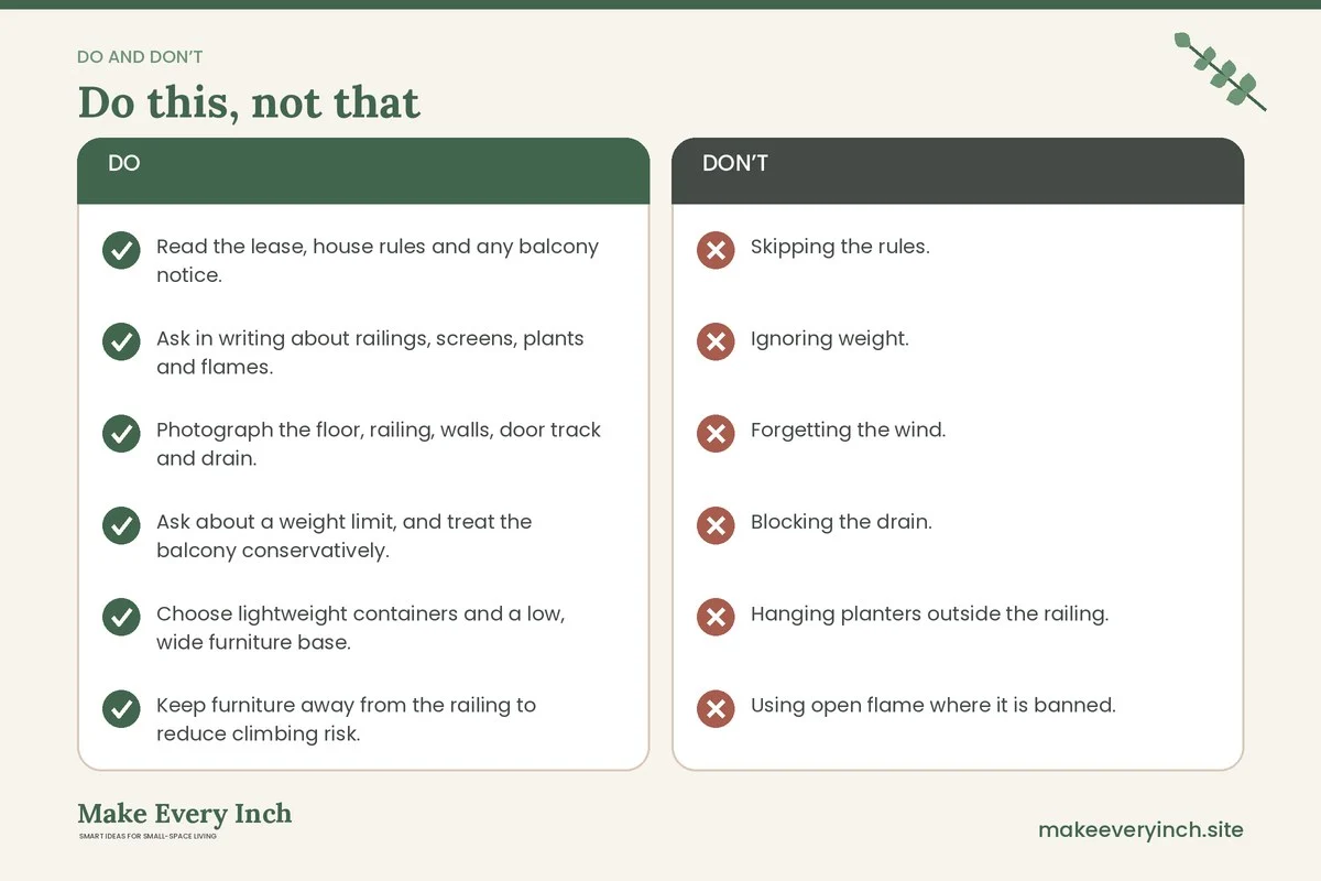 Do and don't checklist for: Renter Friendly Small Balcony Ideas