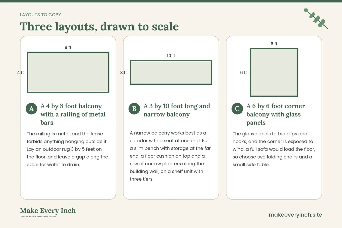 Three room layouts drawn to scale with dimensions and placement notes for: Renter Friendly Small Balcony Ideas