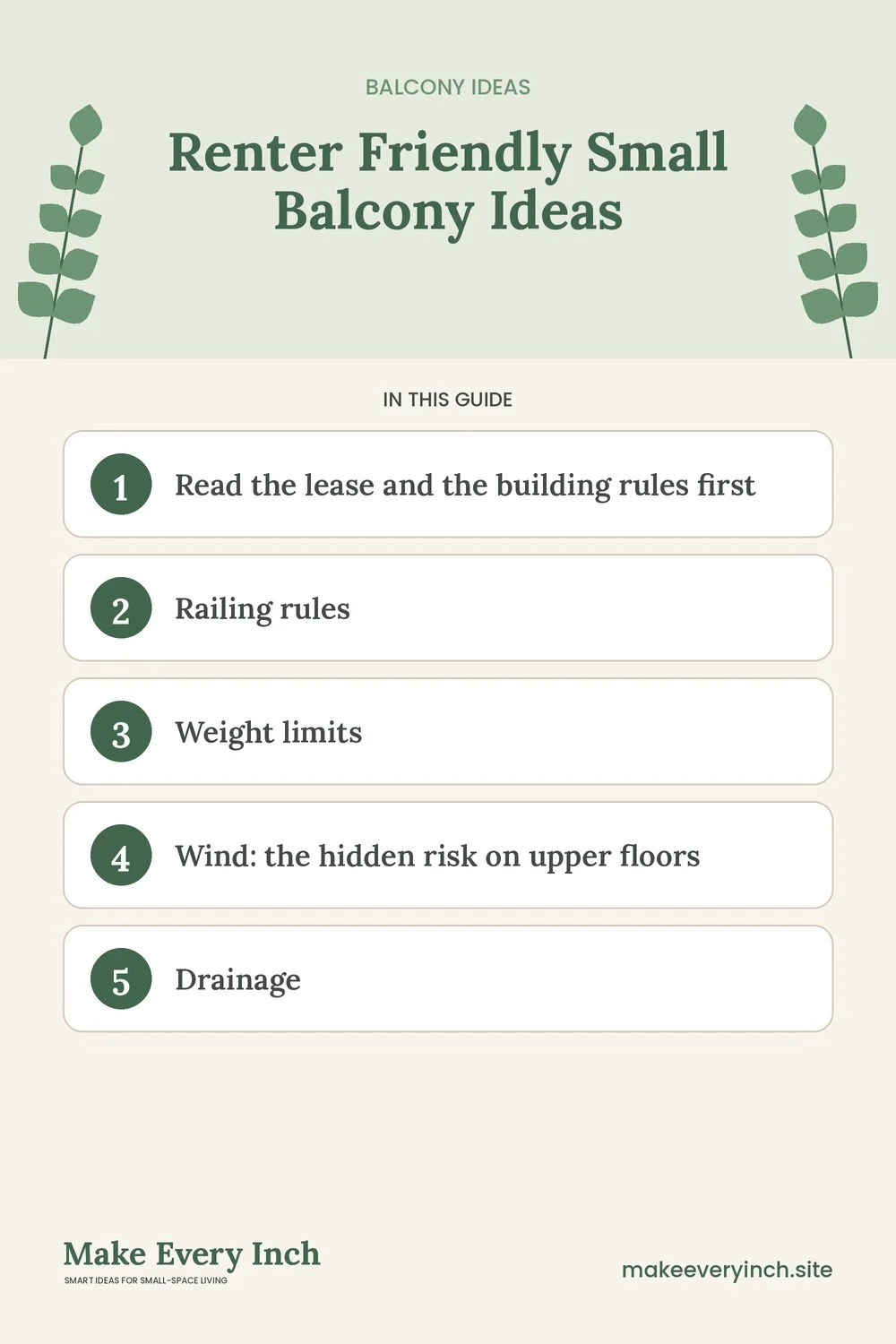 Pinterest pin listing the main topics in: Renter Friendly Small Balcony Ideas