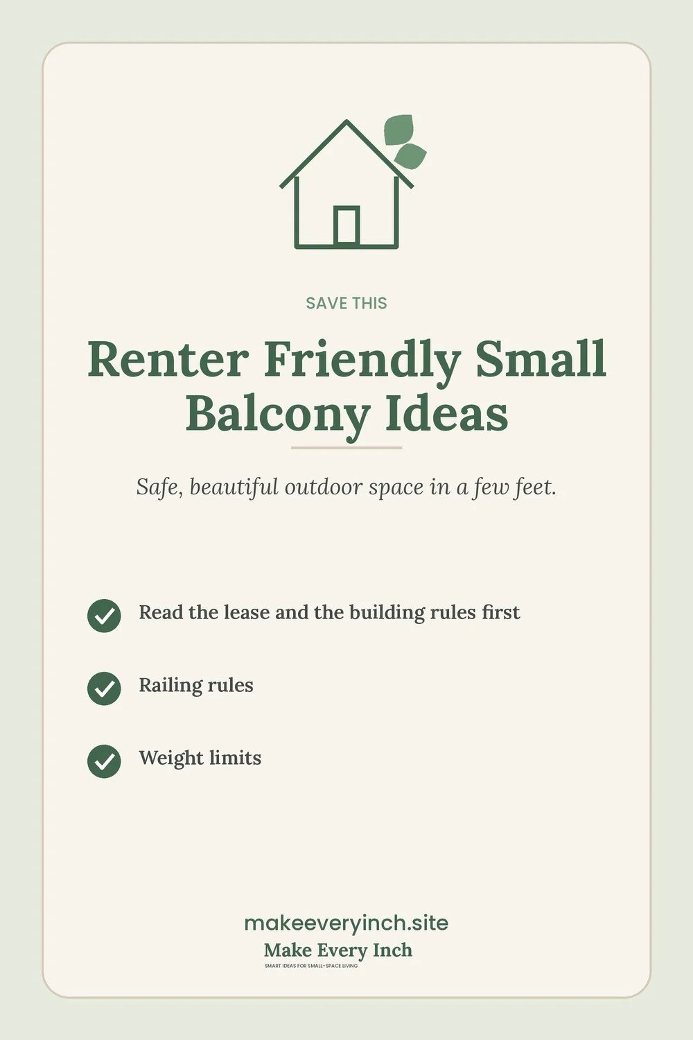 Save-this Pinterest pin with a short checklist for: Renter Friendly Small Balcony Ideas