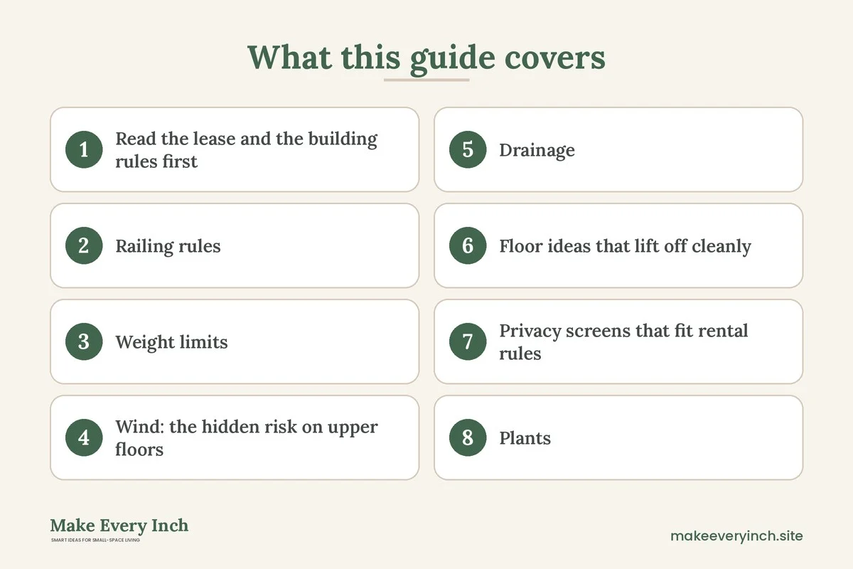 Graphic listing 8 topics covered in: Renter Friendly Small Balcony Ideas