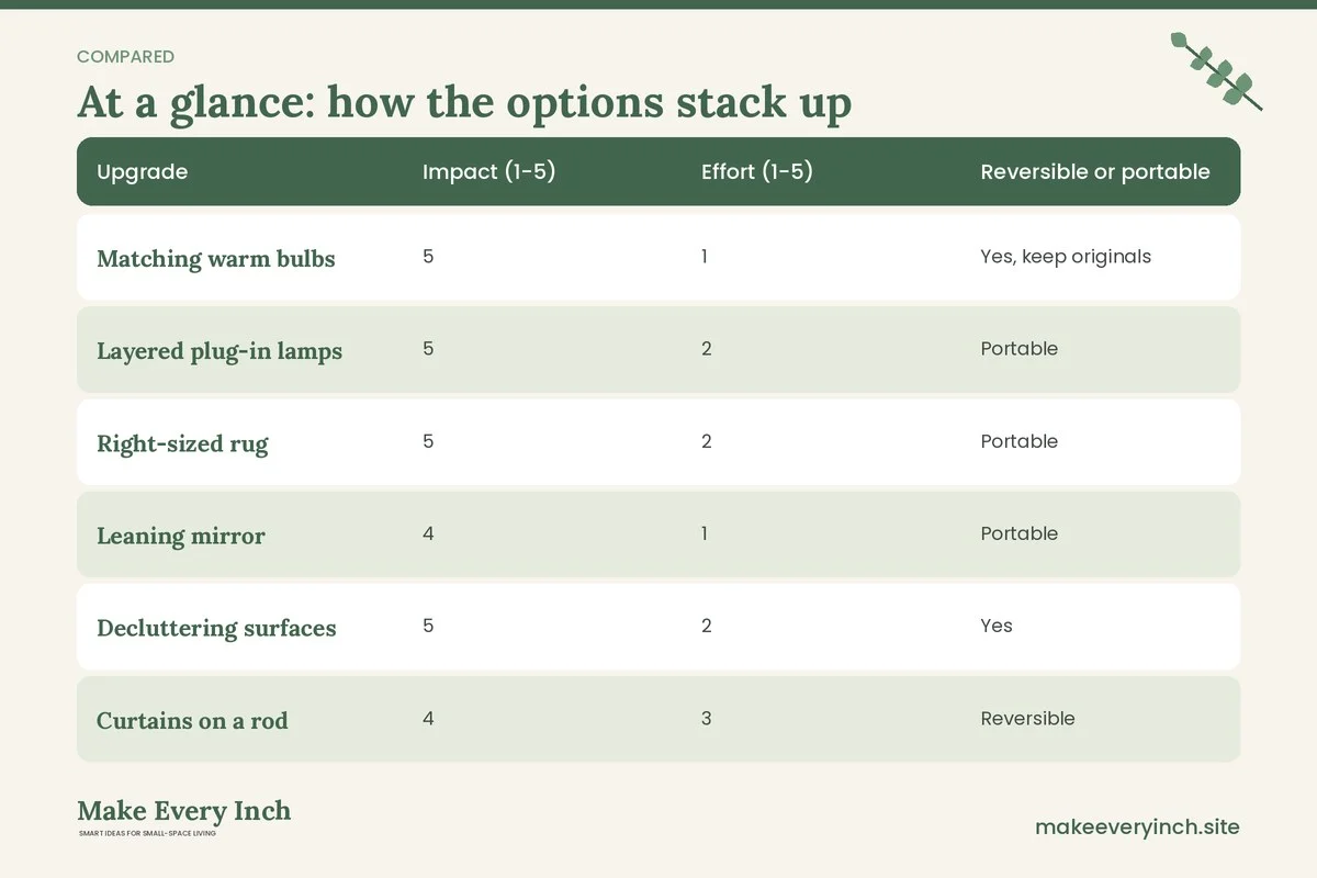 Comparison table of options for: Renter-Friendly Small Space Upgrades That Make a Difference (Upgrade, Impact (1-5), Effort (1-5), Reversible or portable)