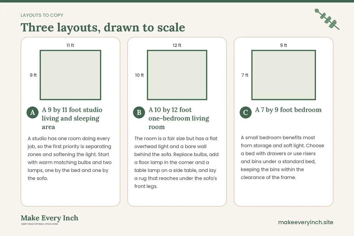 Three room layouts drawn to scale with dimensions and placement notes for: Renter-Friendly Small Space Upgrades That Make a Difference