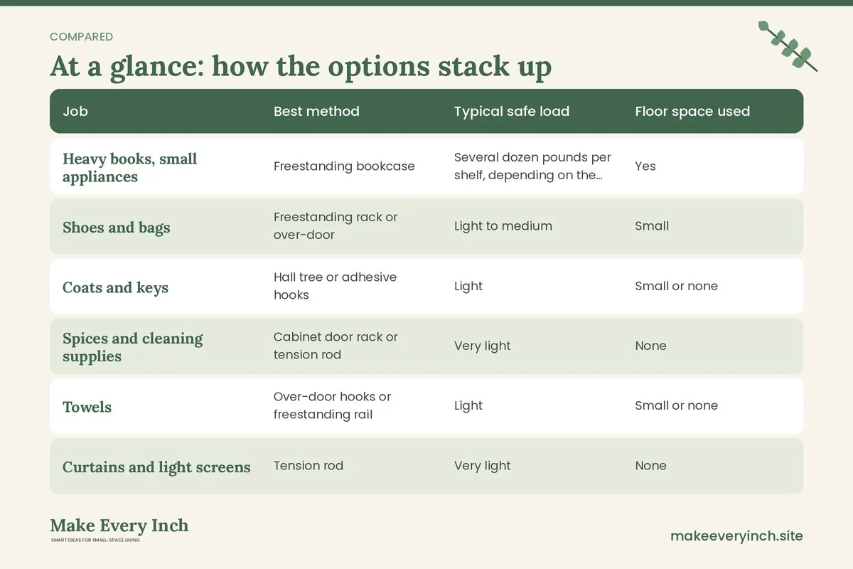Comparison table of options for: Renter-Friendly Storage Ideas for Small Apartments (Job, Best method, Typical safe load, Floor space used)