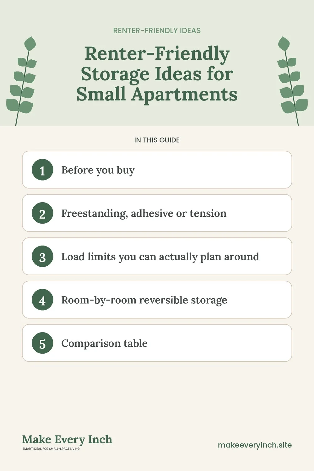 Pinterest pin listing the main topics in: Renter-Friendly Storage Ideas for Small Apartments