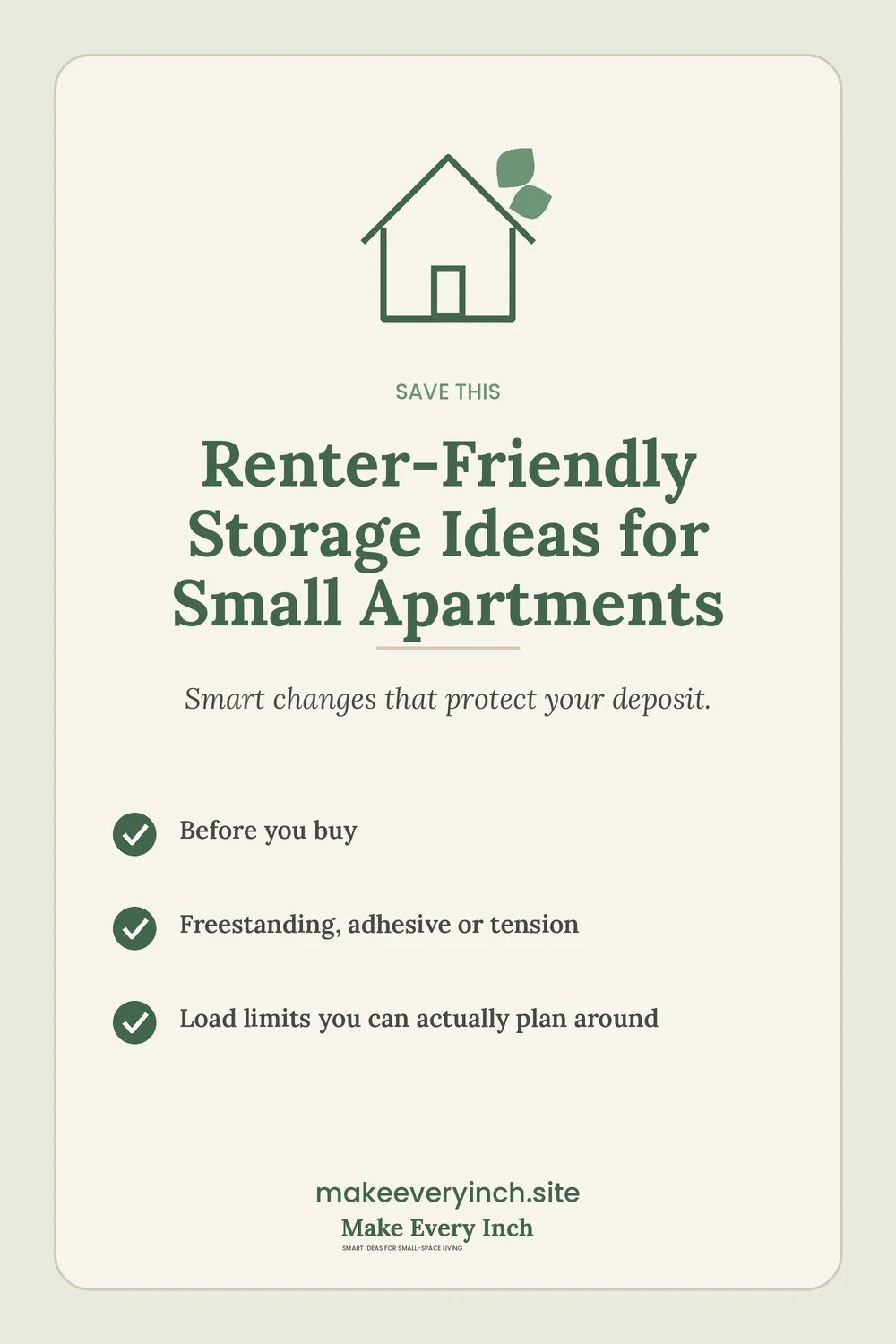 Save-this Pinterest pin with a short checklist for: Renter-Friendly Storage Ideas for Small Apartments