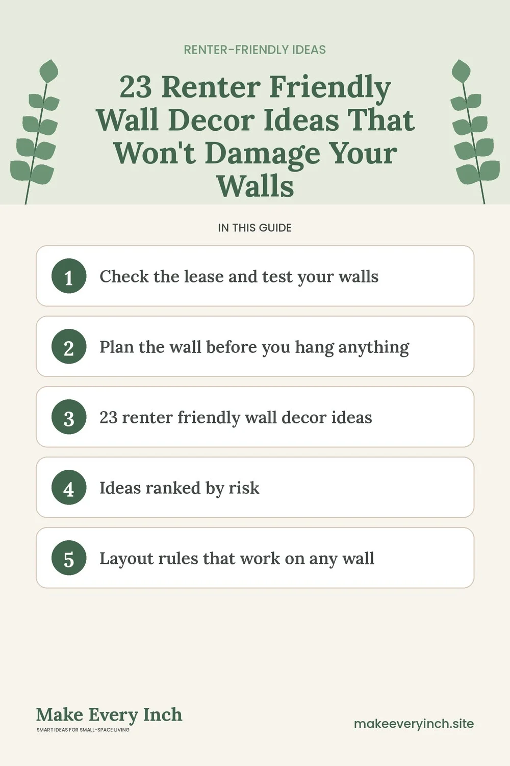 Pinterest pin listing the main topics in: 23 Renter Friendly Wall Decor Ideas That Won't Damage Your Walls