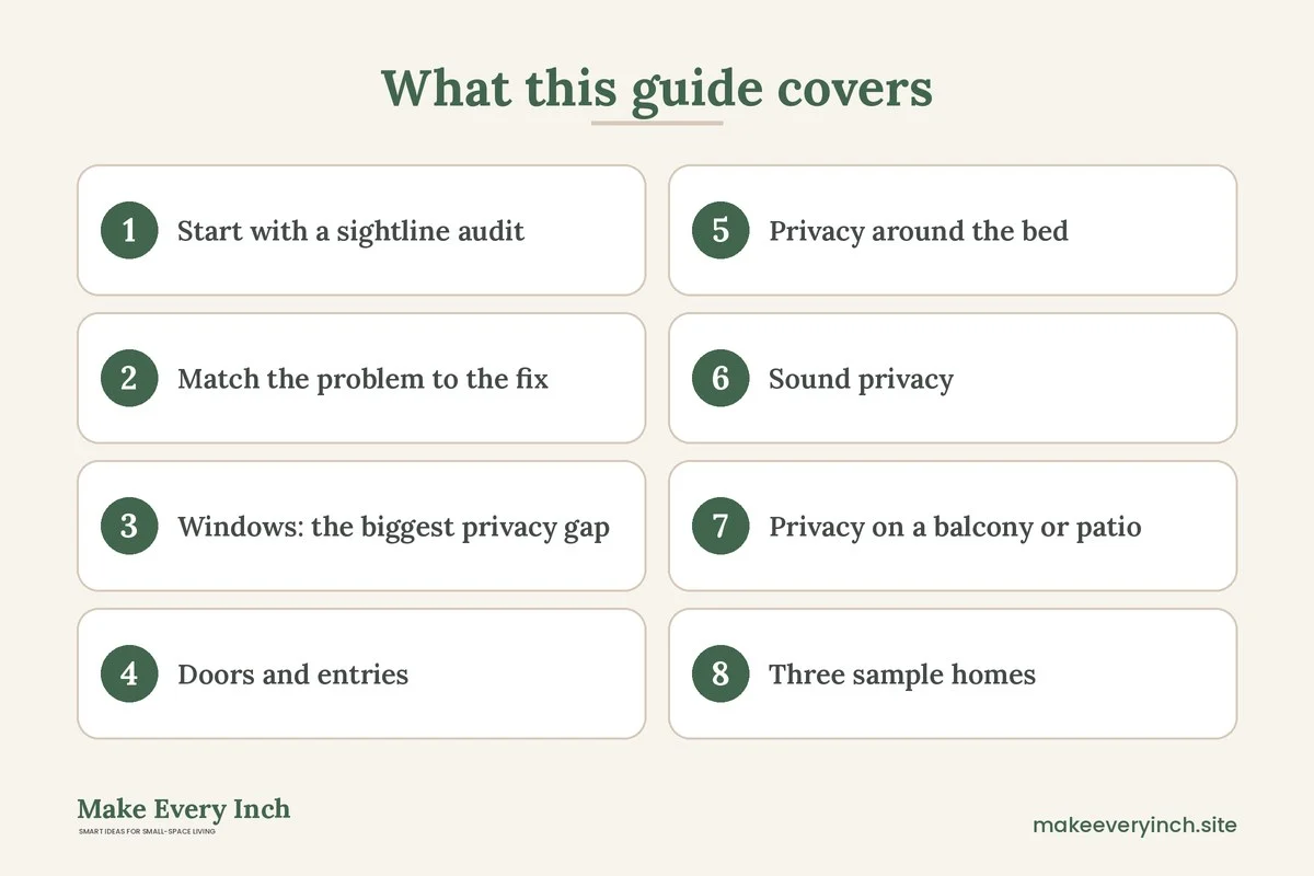 Graphic listing 8 topics covered in: Renter-Friendly Ways to Add Privacy