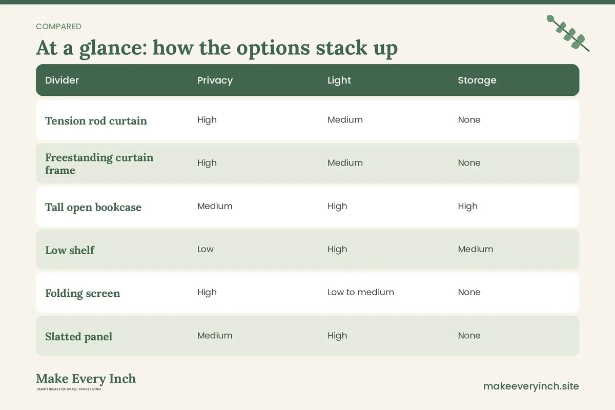 Comparison table of options for: Renter Friendly Ways to Divide a Studio Apartment (Divider, Privacy, Light, Storage)