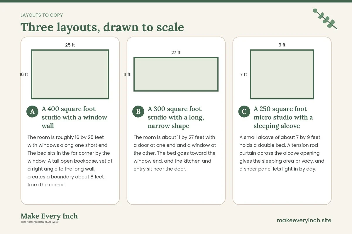 Three room layouts drawn to scale with dimensions and placement notes for: Renter Friendly Ways to Divide a Studio Apartment